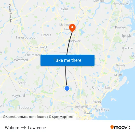 Woburn to Lawrence map