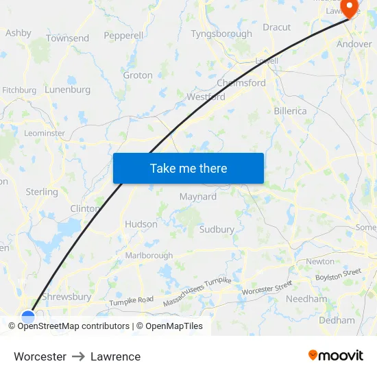 Worcester to Lawrence map