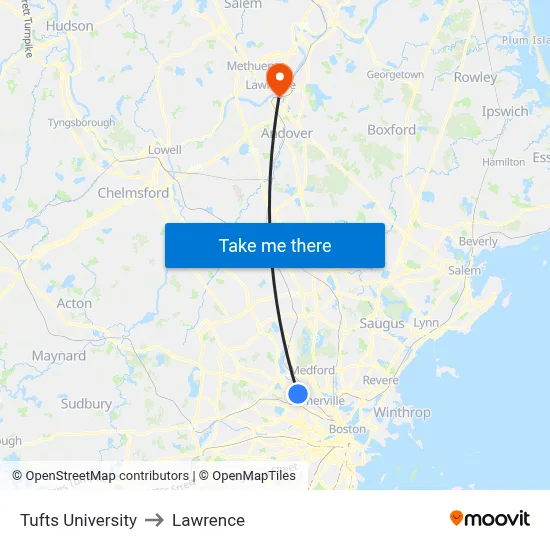 Tufts University to Lawrence map