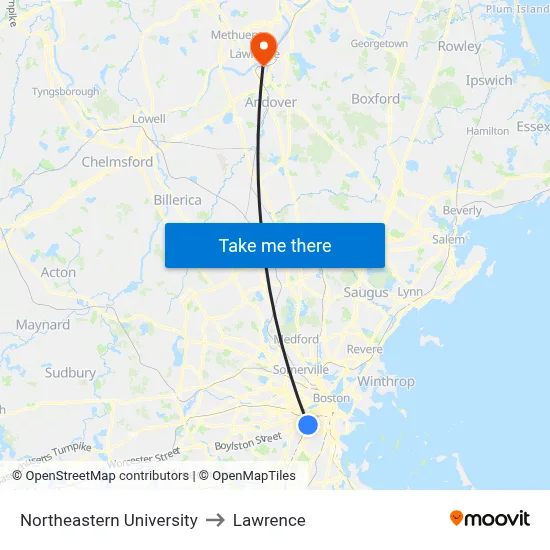 Northeastern University to Lawrence map