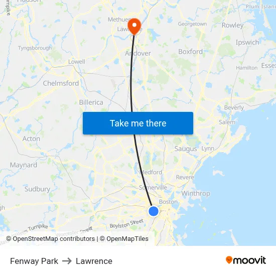Fenway Park to Lawrence map