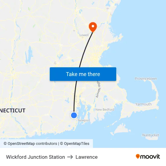 Wickford Junction Station to Lawrence map