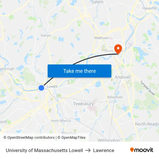 University of Massachusetts Lowell to Lawrence map