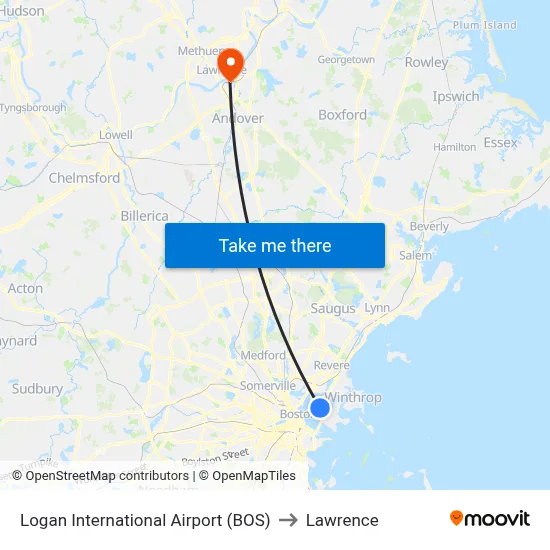 Logan International Airport (BOS) to Lawrence map