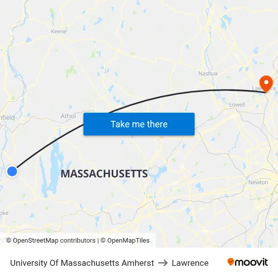University Of Massachusetts Amherst to Lawrence map