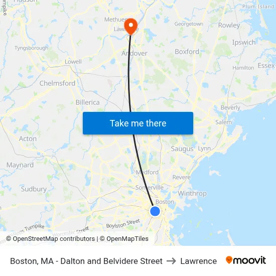 Boston, MA - Dalton and Belvidere Street to Lawrence map