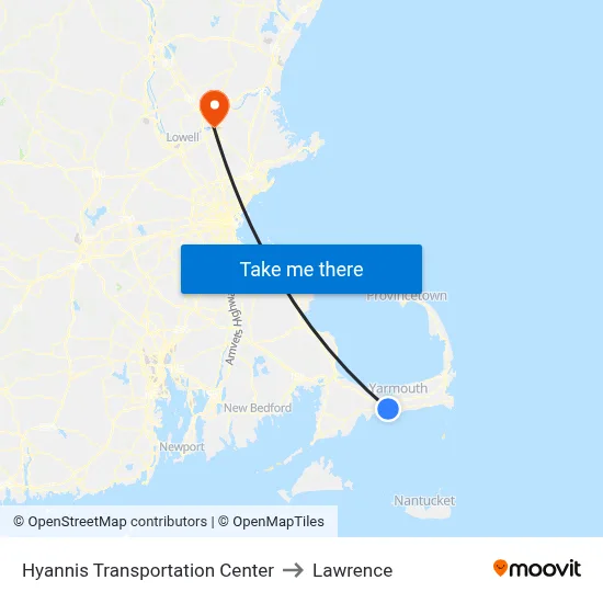 Hyannis Transportation Center to Lawrence map