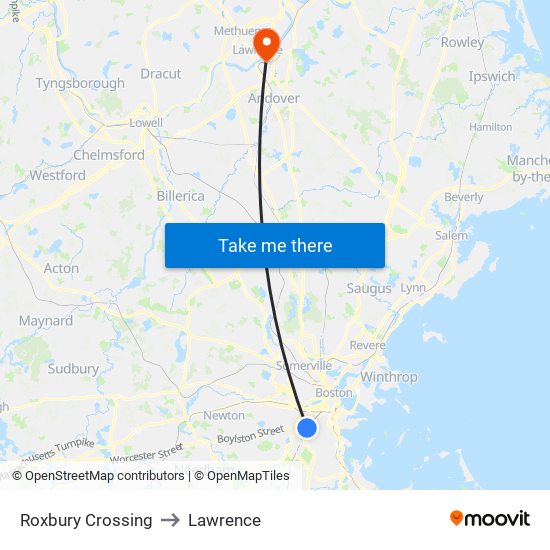 Roxbury Crossing to Lawrence map