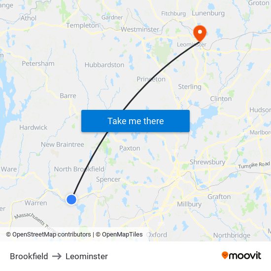 Brookfield to Leominster map