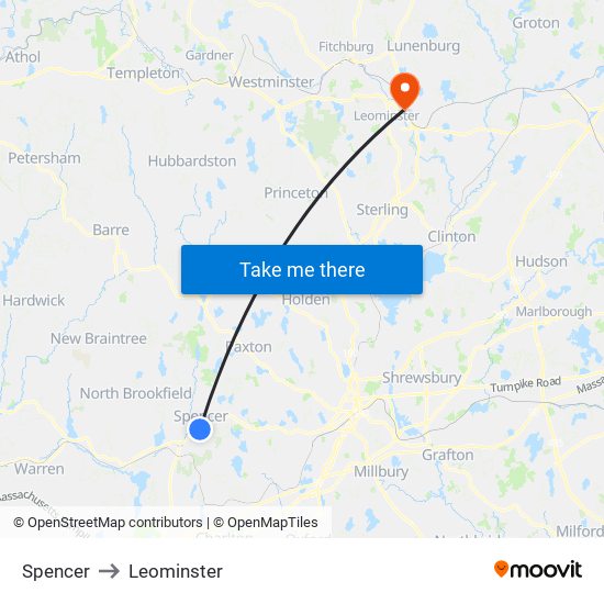 Spencer to Leominster map