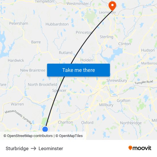 Sturbridge to Leominster map