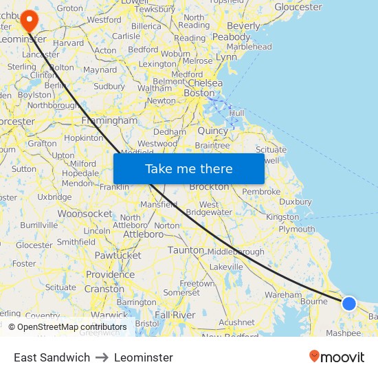 East Sandwich to Leominster map