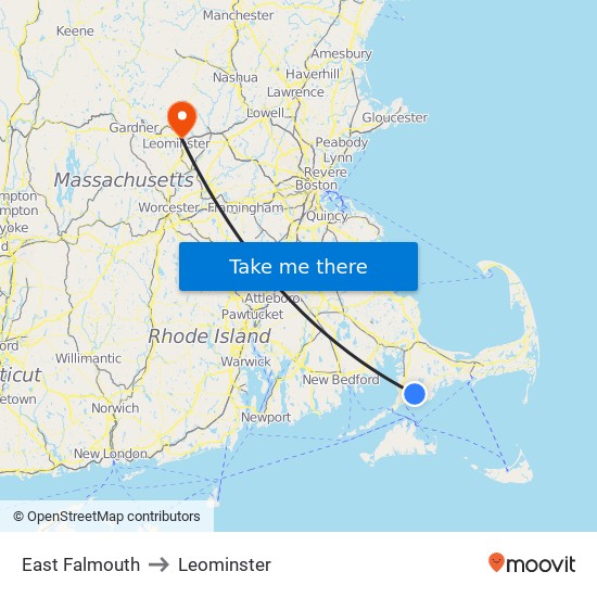 East Falmouth to Leominster map