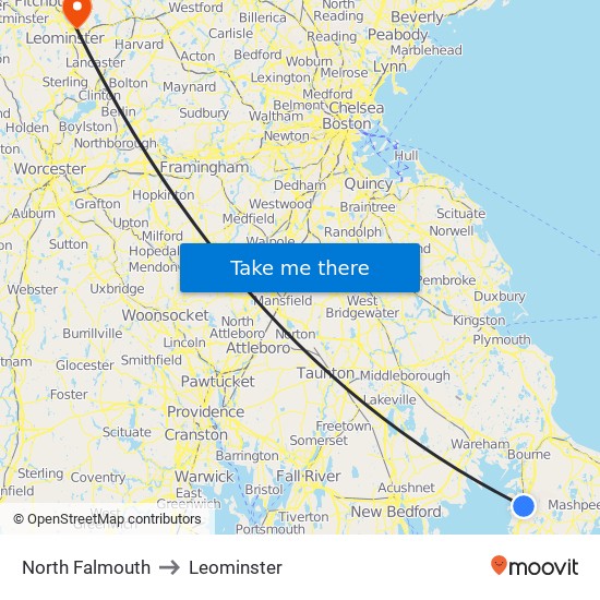 North Falmouth to Leominster map