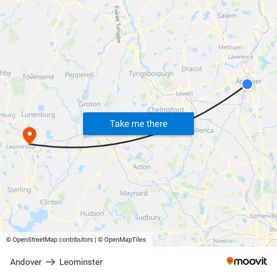 Andover to Leominster map