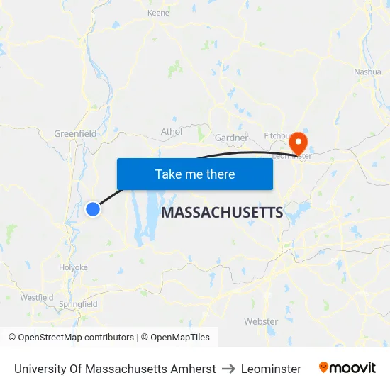 University Of Massachusetts Amherst to Leominster map