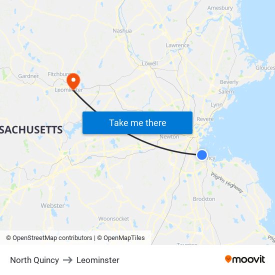 North Quincy to Leominster map