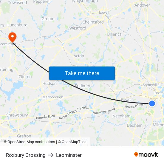 Roxbury Crossing to Leominster map