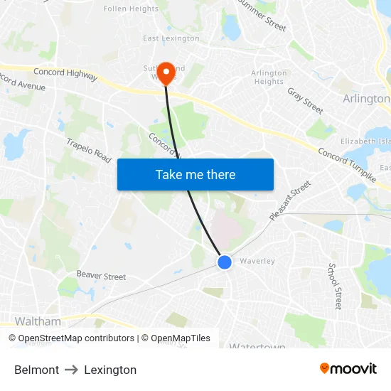 Belmont to Lexington map