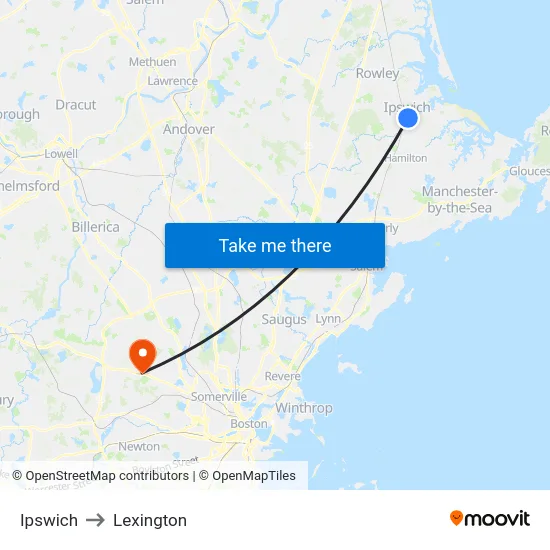 Ipswich to Lexington map