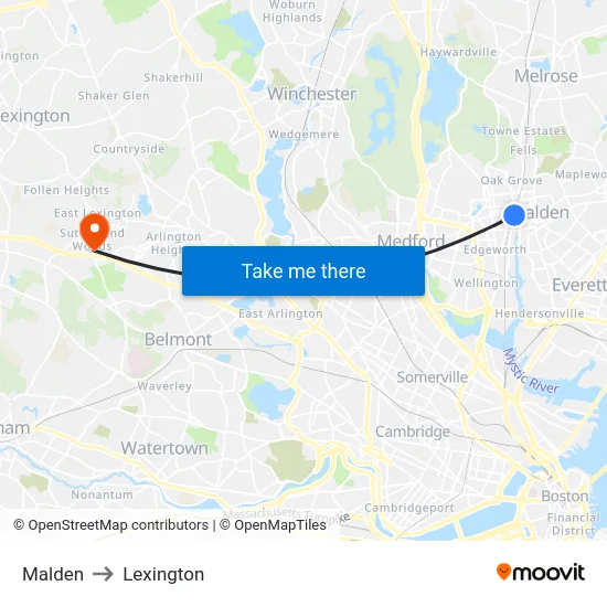 Malden to Lexington map