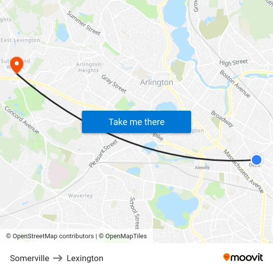 Somerville to Lexington map