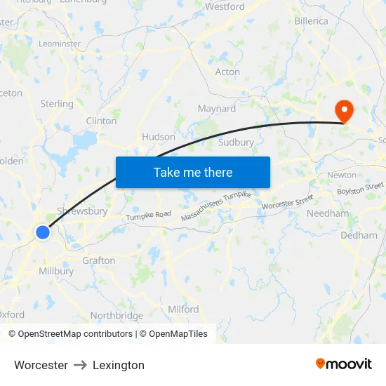 Worcester to Lexington map