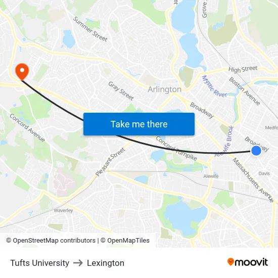 Tufts University to Lexington map