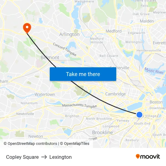 Copley Square to Lexington map