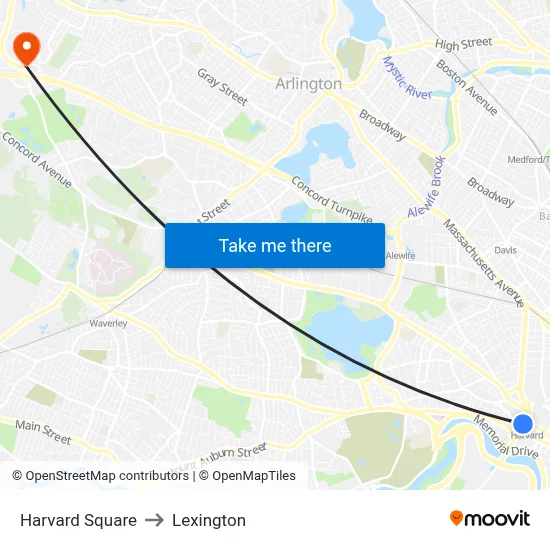 Harvard Square to Lexington map