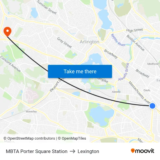 MBTA Porter Square Station to Lexington map