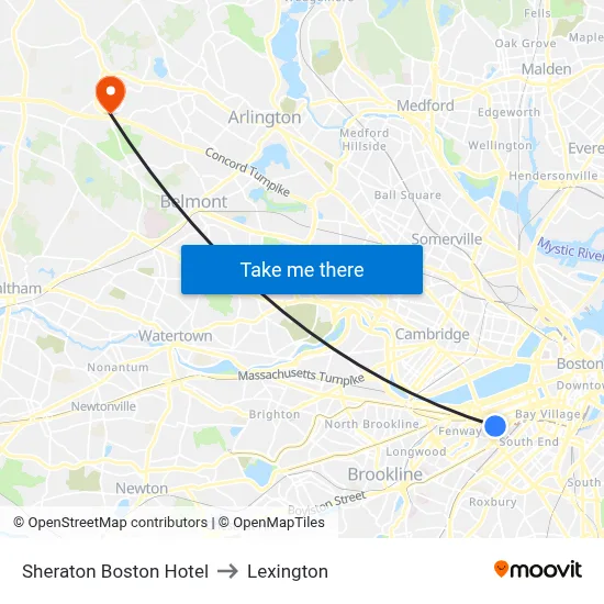 Sheraton Boston Hotel to Lexington map