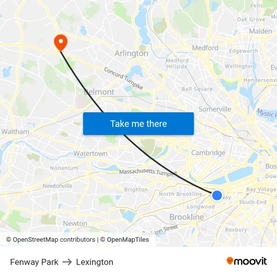 Fenway Park to Lexington map
