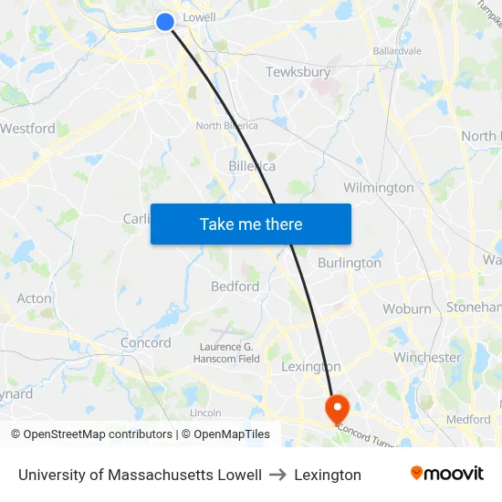 University of Massachusetts Lowell to Lexington map
