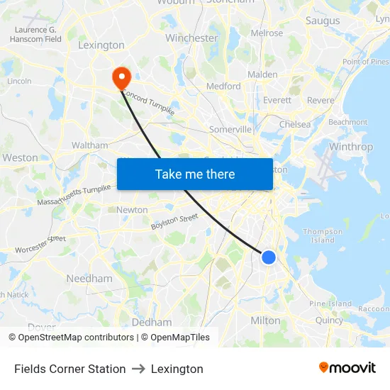Fields Corner Station to Lexington map