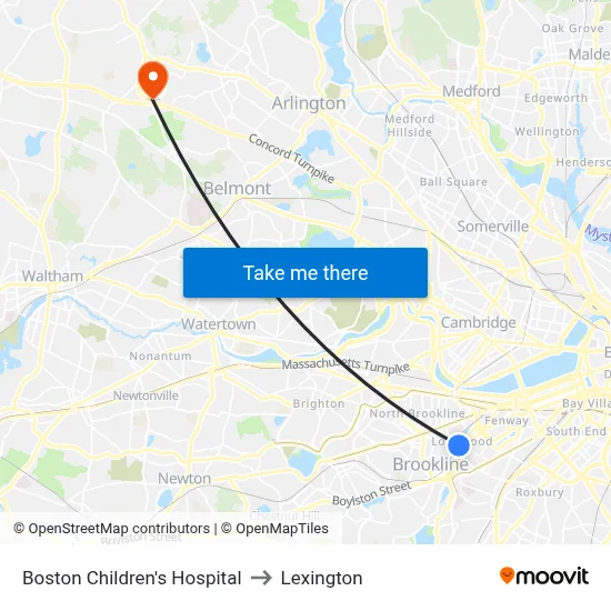 Boston Children's Hospital to Lexington map