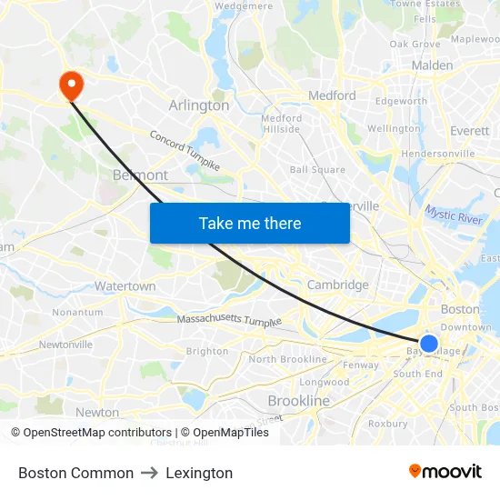 Boston Common to Lexington map