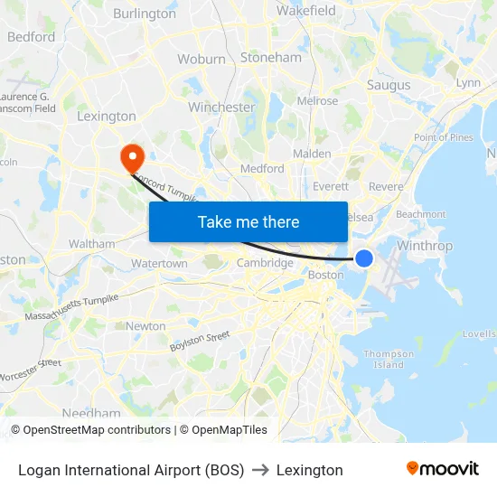 Logan International Airport (BOS) to Lexington map