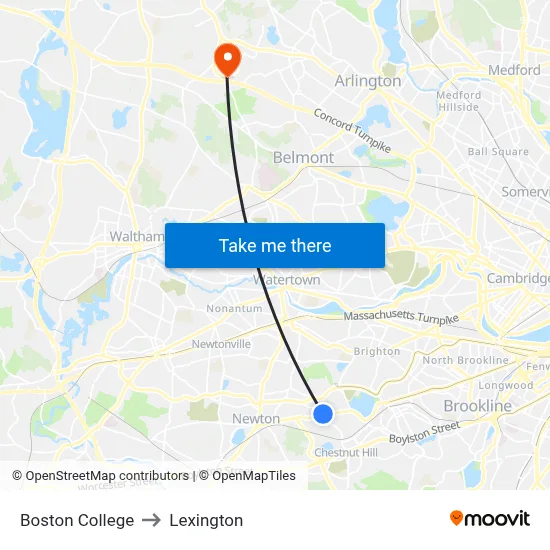 Boston College to Lexington map