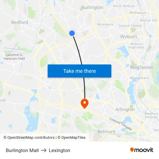 Burlington Mall to Lexington map