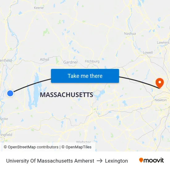 University Of Massachusetts Amherst to Lexington map