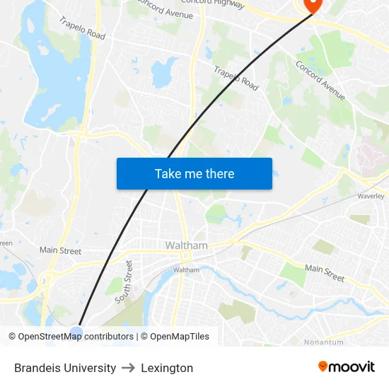 Brandeis University to Lexington map