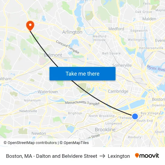 Boston, MA - Dalton and Belvidere Street to Lexington map