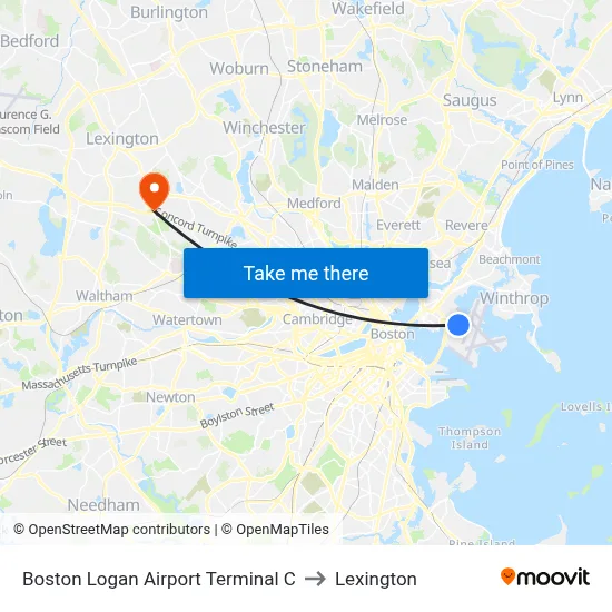 Boston Logan Airport Terminal C to Lexington map