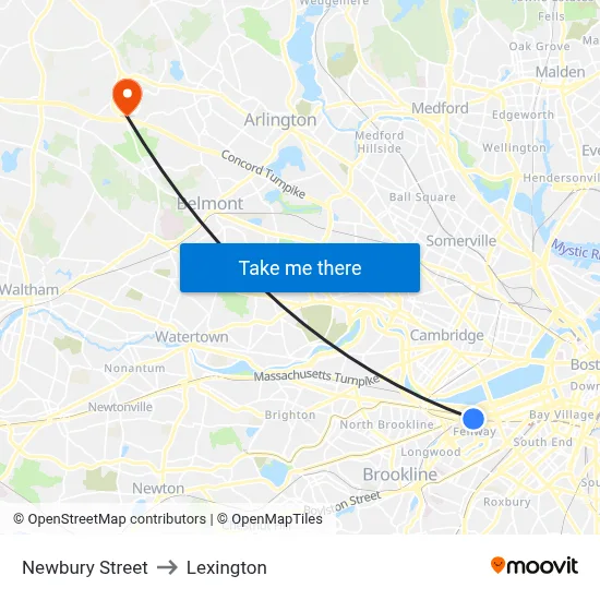 Newbury Street to Lexington map