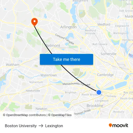 Boston University to Lexington map
