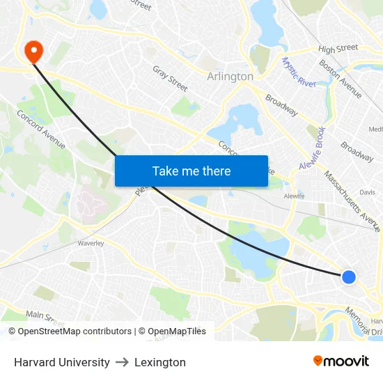 Harvard University to Lexington map