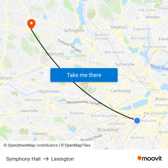 Symphony Hall to Lexington map