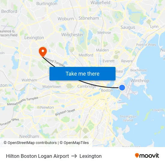 Hilton Boston Logan Airport to Lexington map