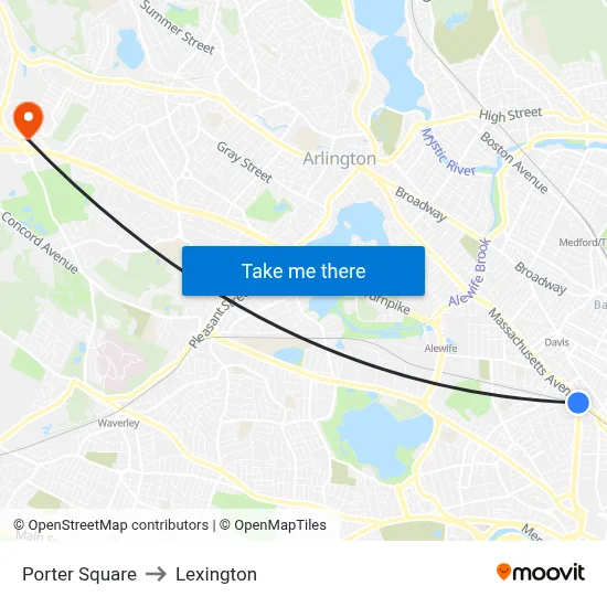Porter Square to Lexington map